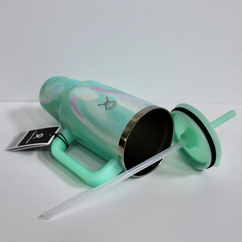 Hydro Flask Jelly Green Swirl Stainless Steel Travel Tumbler 40oz Straw & Handle